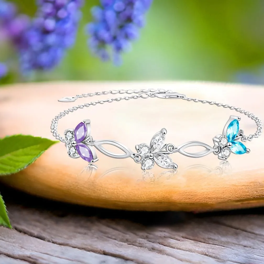 Gifts for Mothers Day,Birthday and Holiday,Butterflies Bracelet Sterling Silver Jewelry Adjustable and Charming Link Bracelet for Women Ideal Gifts for Her Mom Wife