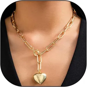 GIGB PBDK Chunky Heart Necklace for Women,Puffy Gold Heart Pendant Necklace Thick Silver Paperclip Chain Choker Necklaces,Charm Love Statement Accessories Gifts