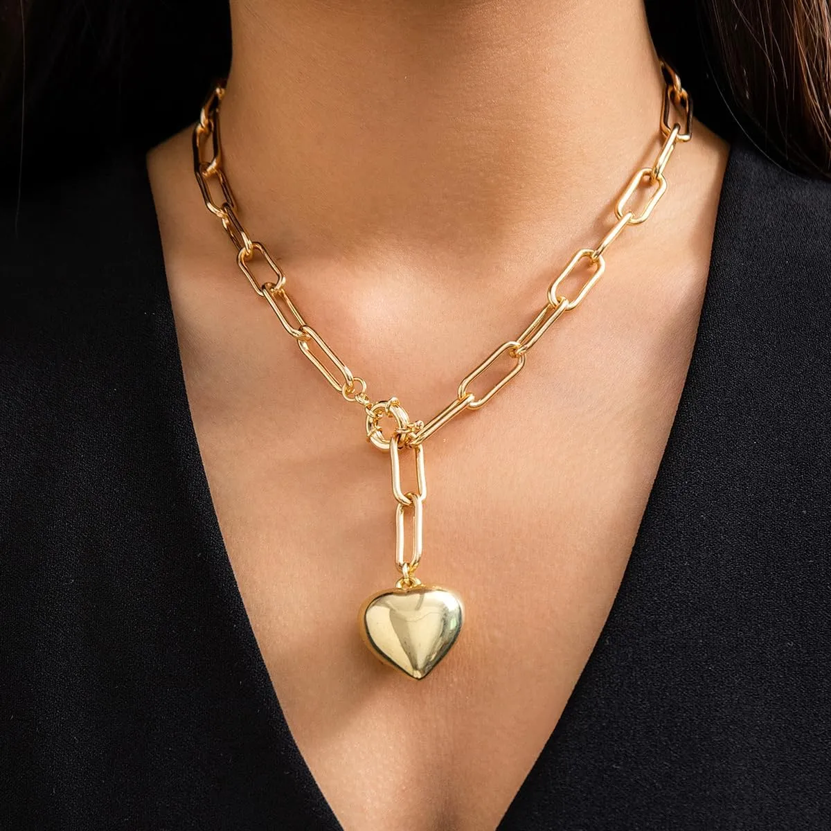 GIGB PBDK Chunky Heart Necklace for Women,Puffy Gold Heart Pendant Necklace Thick Silver Paperclip Chain Choker Necklaces,Charm Love Statement Accessories Gifts