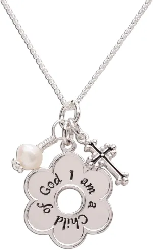 Girl's Sterling Silver "I Am a Child of God" Daisy Necklace Religious Baptism and First Communion Gift for Girls