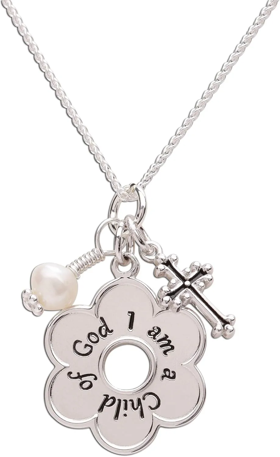 Girl's Sterling Silver "I Am a Child of God" Daisy Necklace Religious Baptism and First Communion Gift for Girls