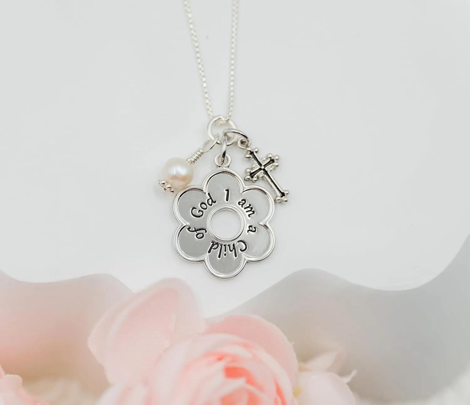 Girl's Sterling Silver "I Am a Child of God" Daisy Necklace Religious Baptism and First Communion Gift for Girls