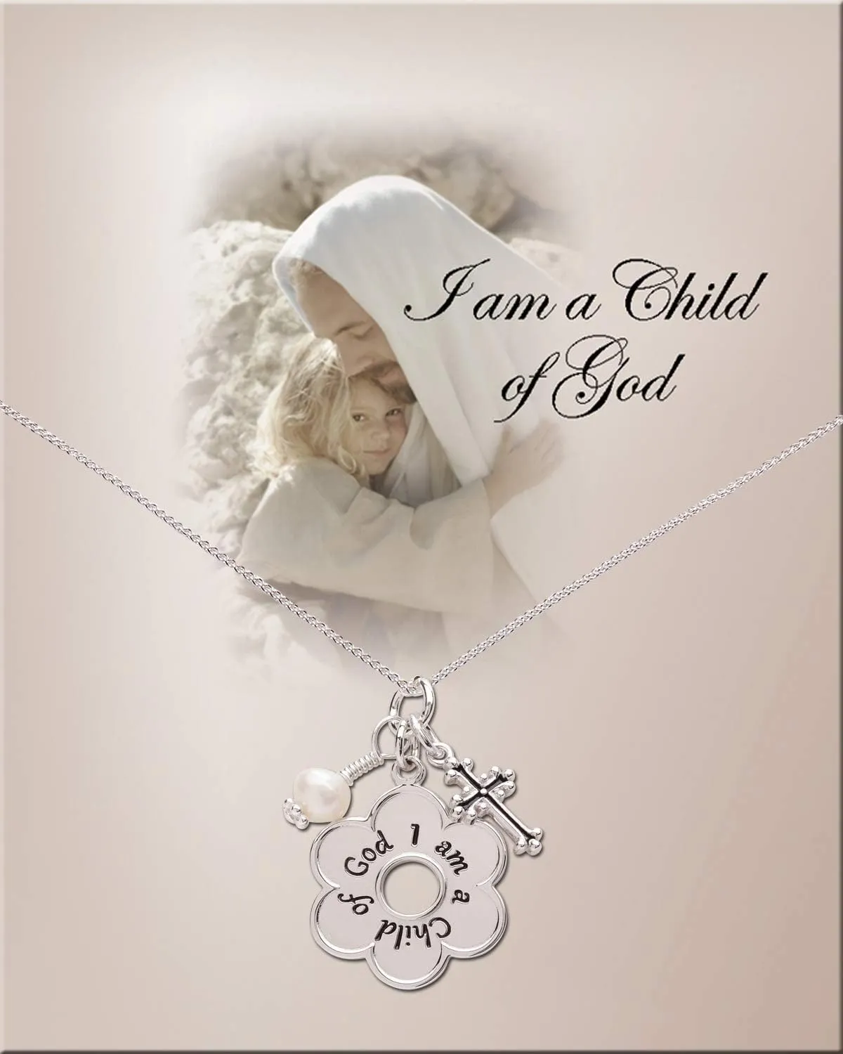 Girl's Sterling Silver "I Am a Child of God" Daisy Necklace Religious Baptism and First Communion Gift for Girls
