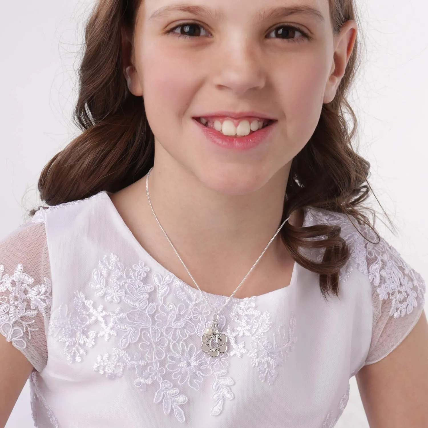 Girl's Sterling Silver "I Am a Child of God" Daisy Necklace Religious Baptism and First Communion Gift for Girls