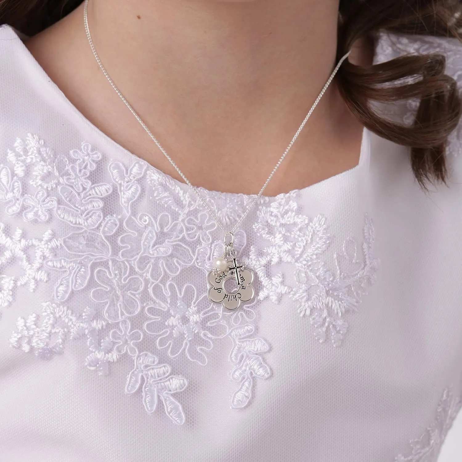 Girl's Sterling Silver "I Am a Child of God" Daisy Necklace Religious Baptism and First Communion Gift for Girls