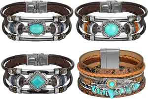 Glenmal 4 Pcs Turquoise Bracelet for Women Boho Cuff Leather Bracelet Western Jewelry Gifts Native American Jewelry Silver Cuff Bangle Multilayer Layer Wristband for Women