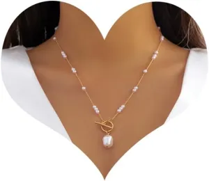 Gold Baroque Pearl Necklace for Women,Dainty Layered Paperclip Pearl Choker Necklace Adjustable OT Clasp Pearl Pendant Necklace Charming Simplify Daily Jewelry Gift
