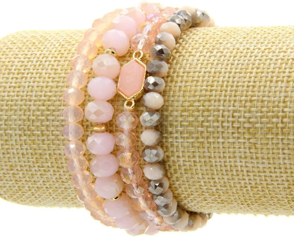 Gold Beaded Bracelet Set, Square Stone Hexagon Druzy Stretch Beaded Stackable Bracelets Bangles