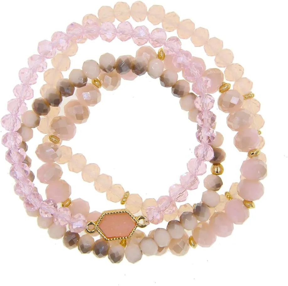 Gold Beaded Bracelet Set, Square Stone Hexagon Druzy Stretch Beaded Stackable Bracelets Bangles