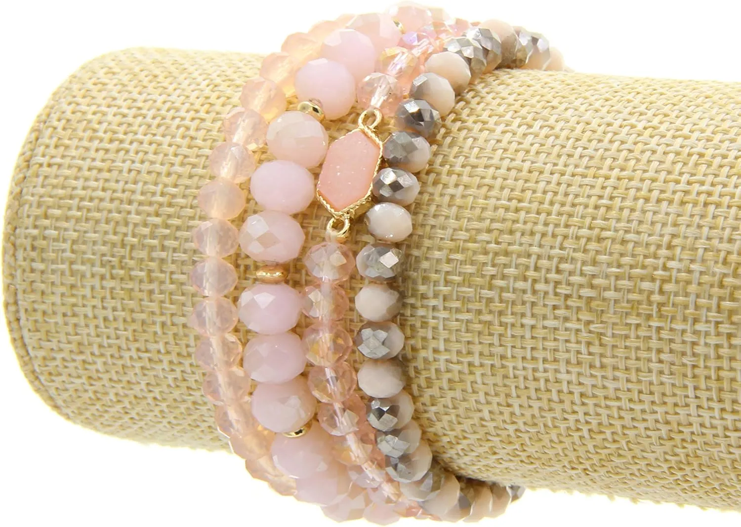 Gold Beaded Bracelet Set, Square Stone Hexagon Druzy Stretch Beaded Stackable Bracelets Bangles