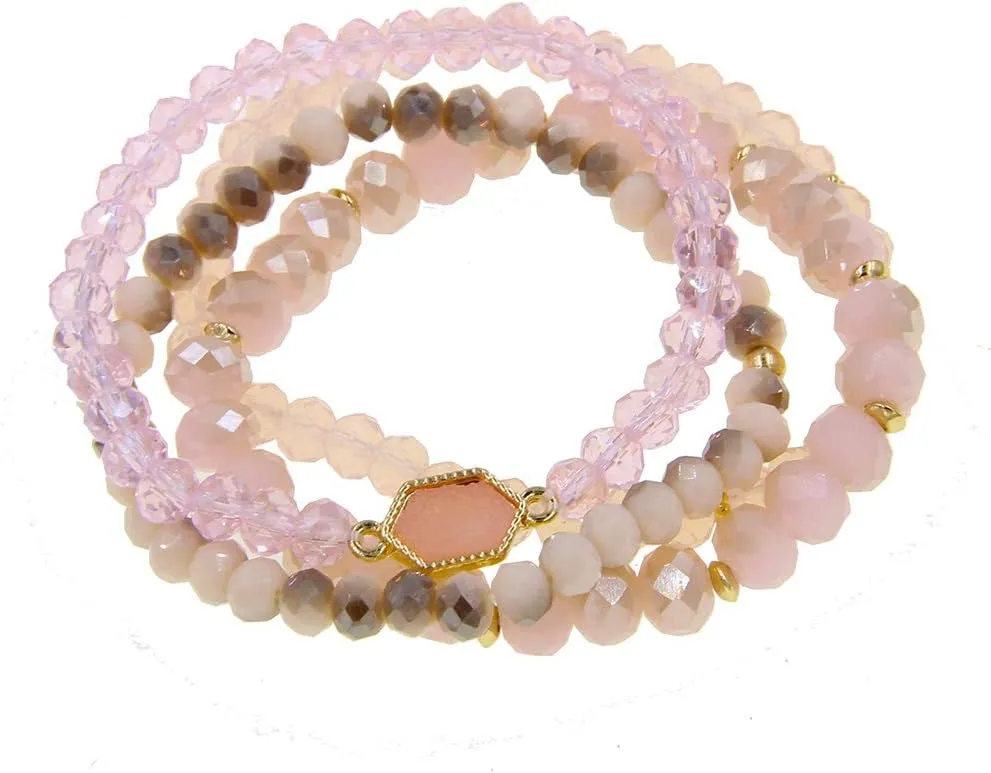 Gold Beaded Bracelet Set, Square Stone Hexagon Druzy Stretch Beaded Stackable Bracelets Bangles