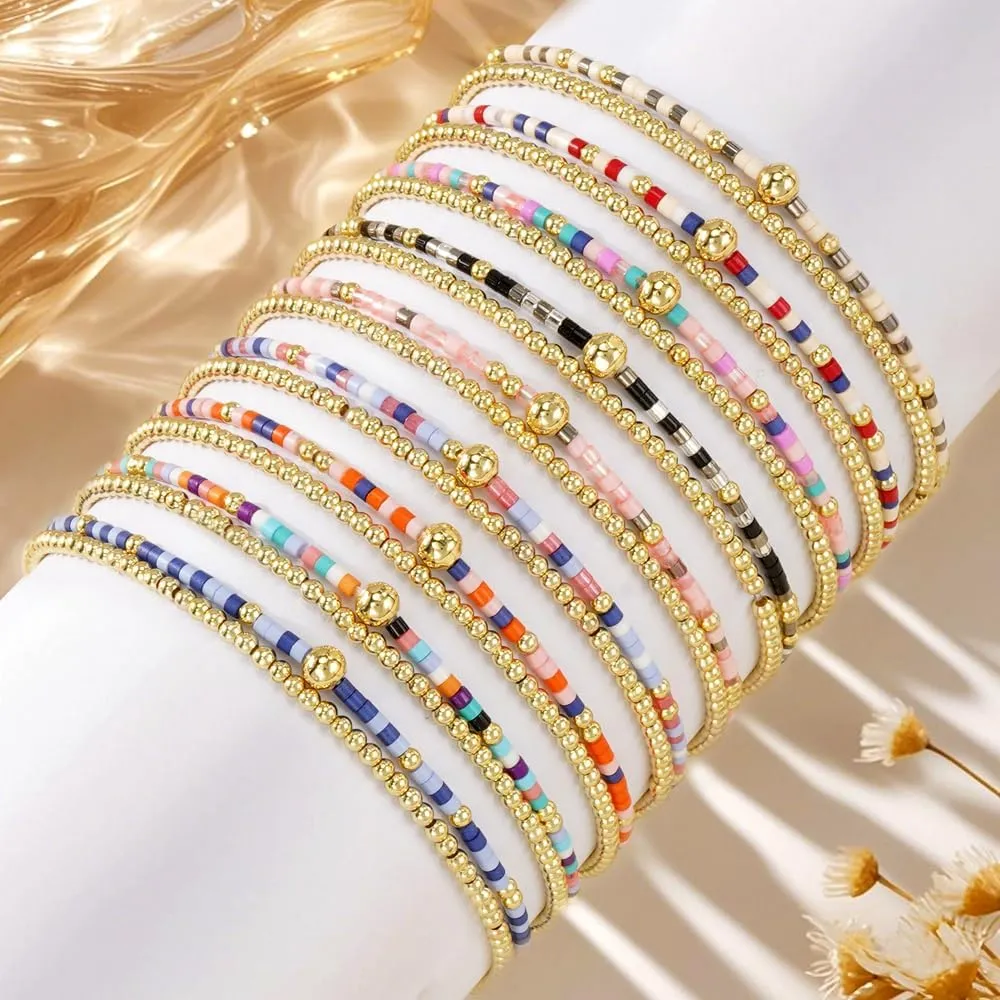 Gold Beaded Stack Bracelets Set for Women, 2Pcs Cute Boho Handmade Colorful Small Beaded Stackable Friendship Stretch Bracelet Summer Prom Jewelry Gift.