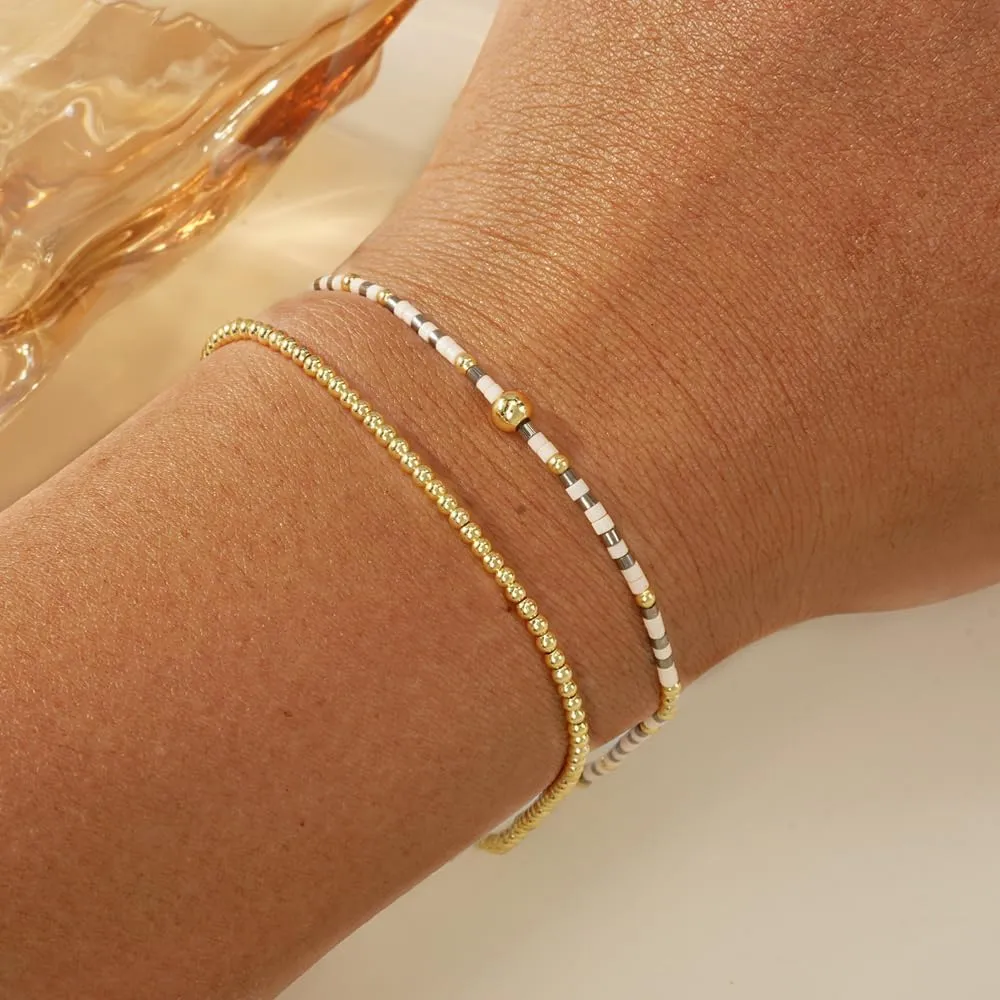 Gold Beaded Stack Bracelets Set for Women, 2Pcs Cute Boho Handmade Colorful Small Beaded Stackable Friendship Stretch Bracelet Summer Prom Jewelry Gift.
