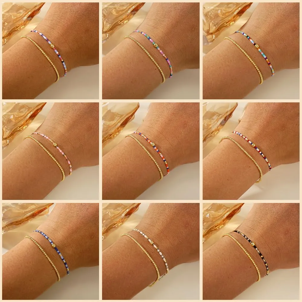 Gold Beaded Stack Bracelets Set for Women, 2Pcs Cute Boho Handmade Colorful Small Beaded Stackable Friendship Stretch Bracelet Summer Prom Jewelry Gift.