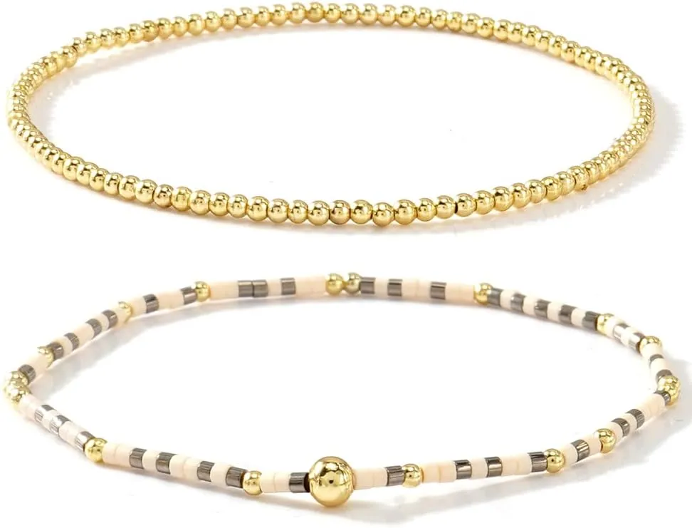 Gold Beaded Stack Bracelets Set for Women, 2Pcs Cute Boho Handmade Colorful Small Beaded Stackable Friendship Stretch Bracelet Summer Prom Jewelry Gift.