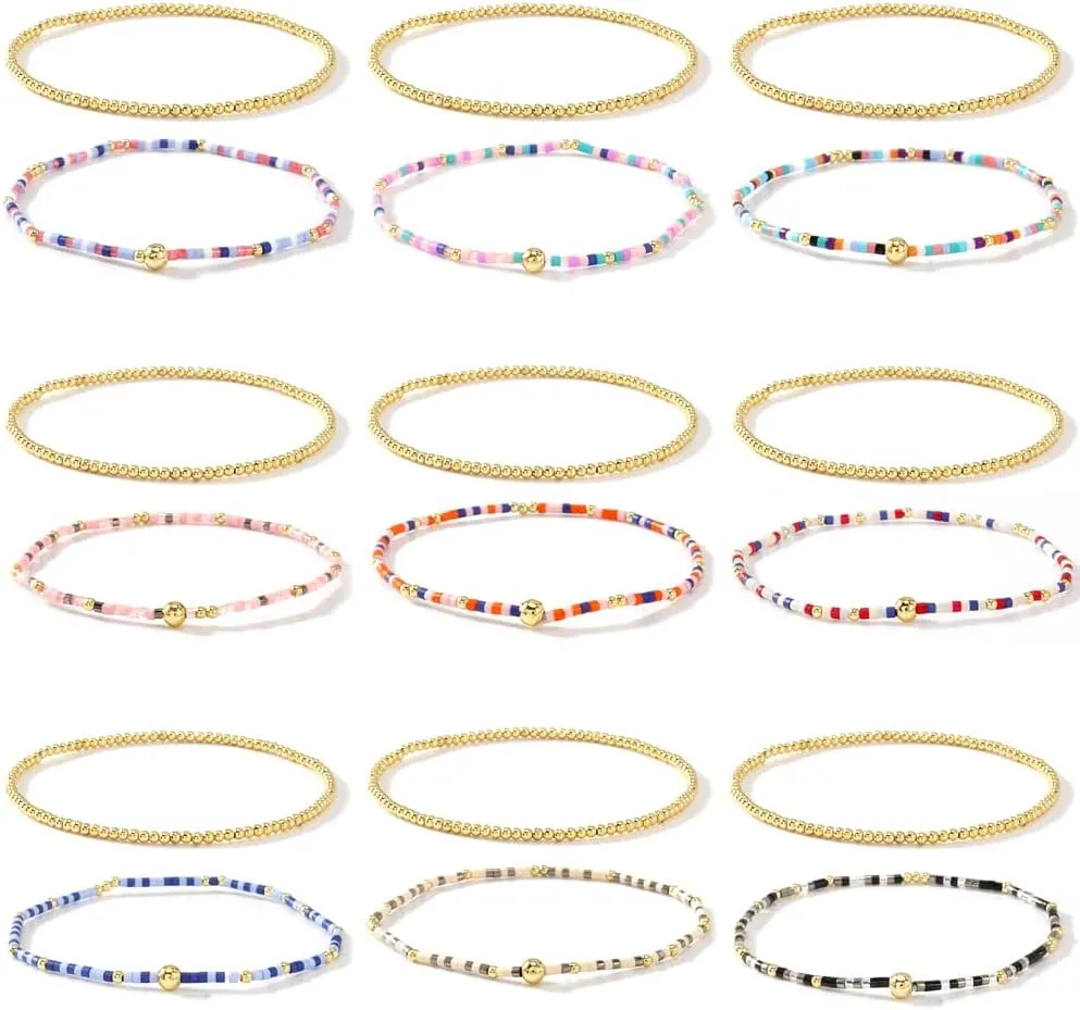 Gold Beaded Stack Bracelets Set for Women, 2Pcs Cute Boho Handmade Colorful Small Beaded Stackable Friendship Stretch Bracelet Summer Prom Jewelry Gift.