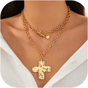 Gold Chunky Cross Necklace for Women Statement Cross Pendant Necklace Layered Hammered Bold Cross Necklace