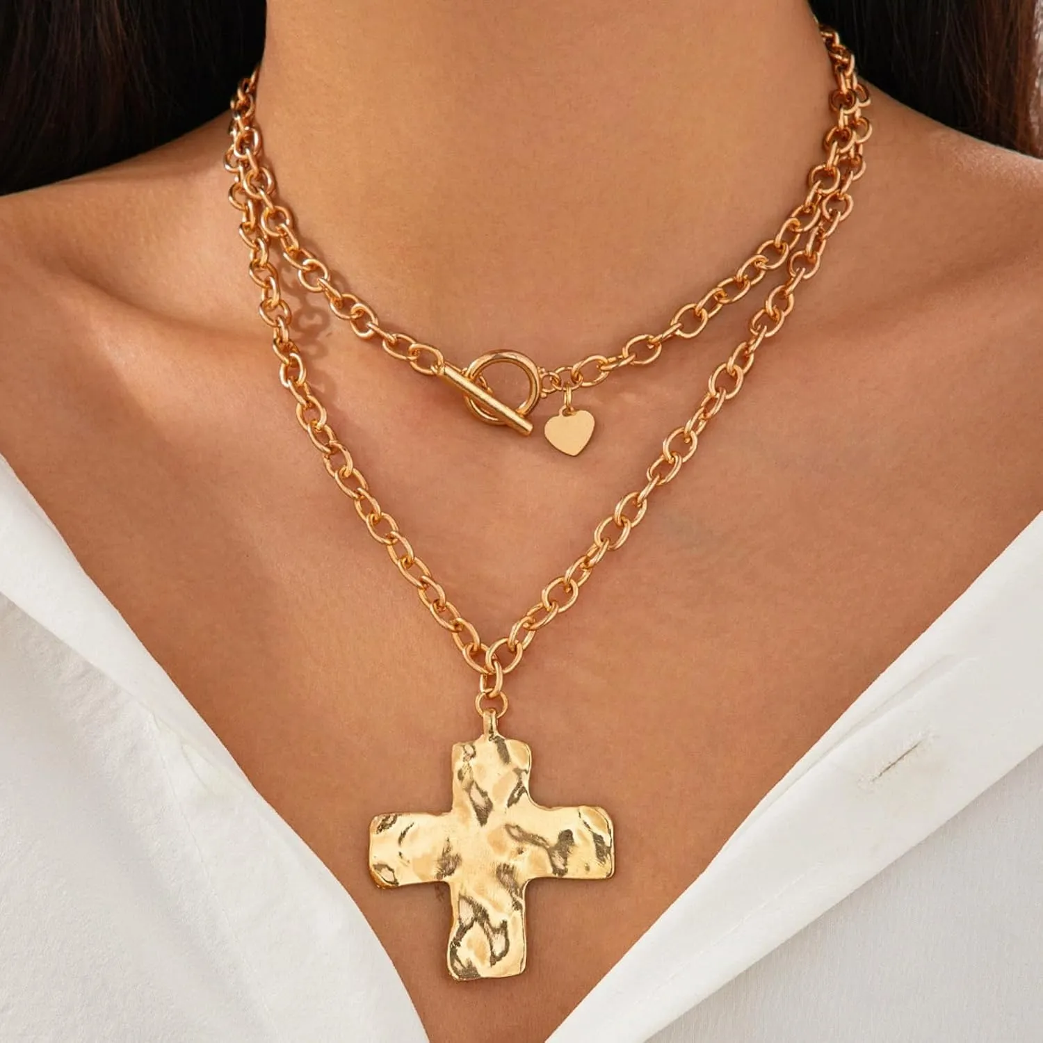 Gold Chunky Cross Necklace for Women Statement Cross Pendant Necklace Layered Hammered Bold Cross Necklace