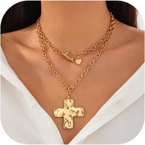 Gold Chunky Cross Necklace for Women Statement Necklace Pearl Cross Pendant Necklace Layered Hammered Bold Cross Necklace Vintage Toggle Clasp Necklace Jewelry