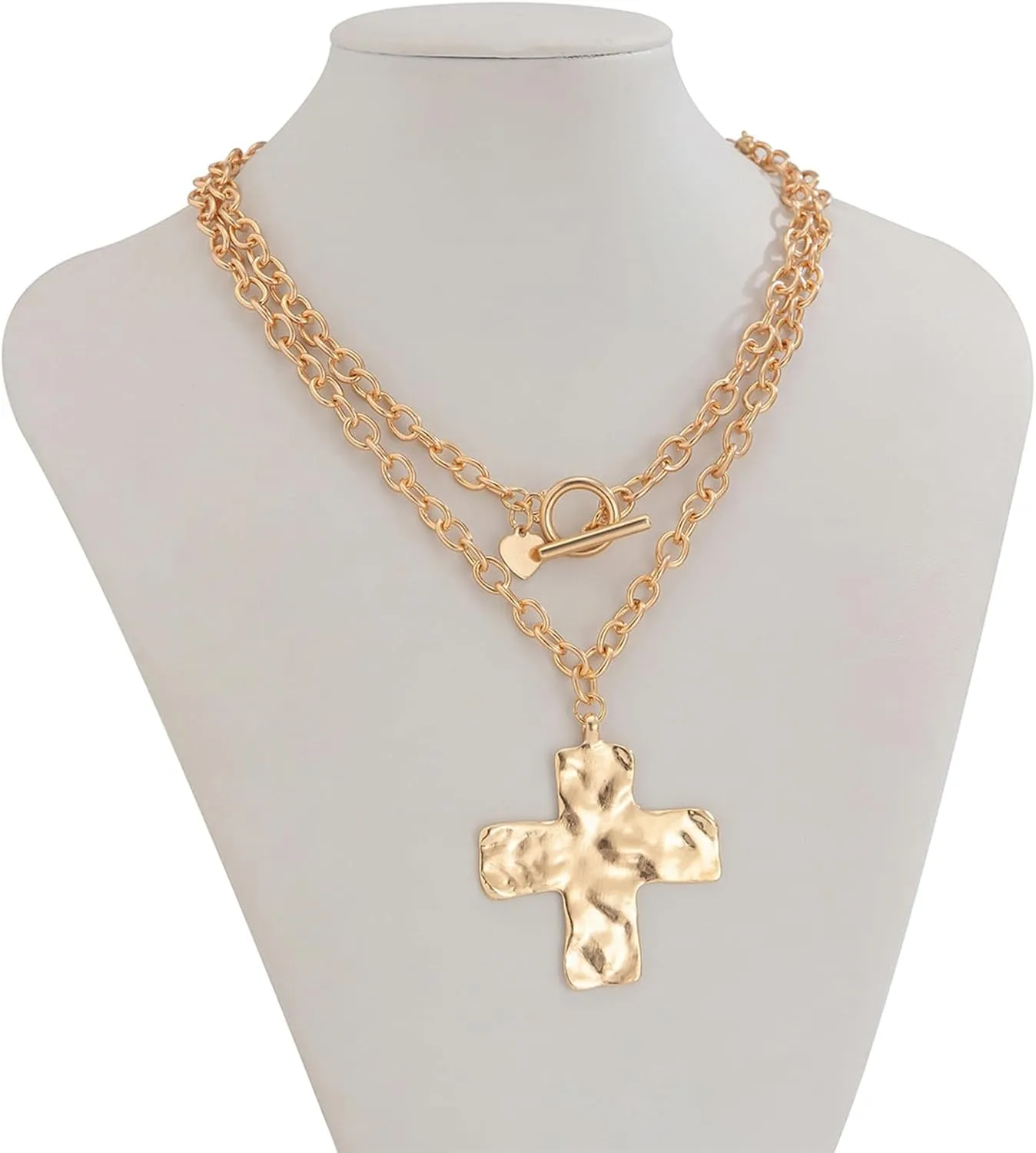 Gold Chunky Cross Necklace for Women Statement Necklace Pearl Cross Pendant Necklace Layered Hammered Bold Cross Necklace Vintage Toggle Clasp Necklace Jewelry