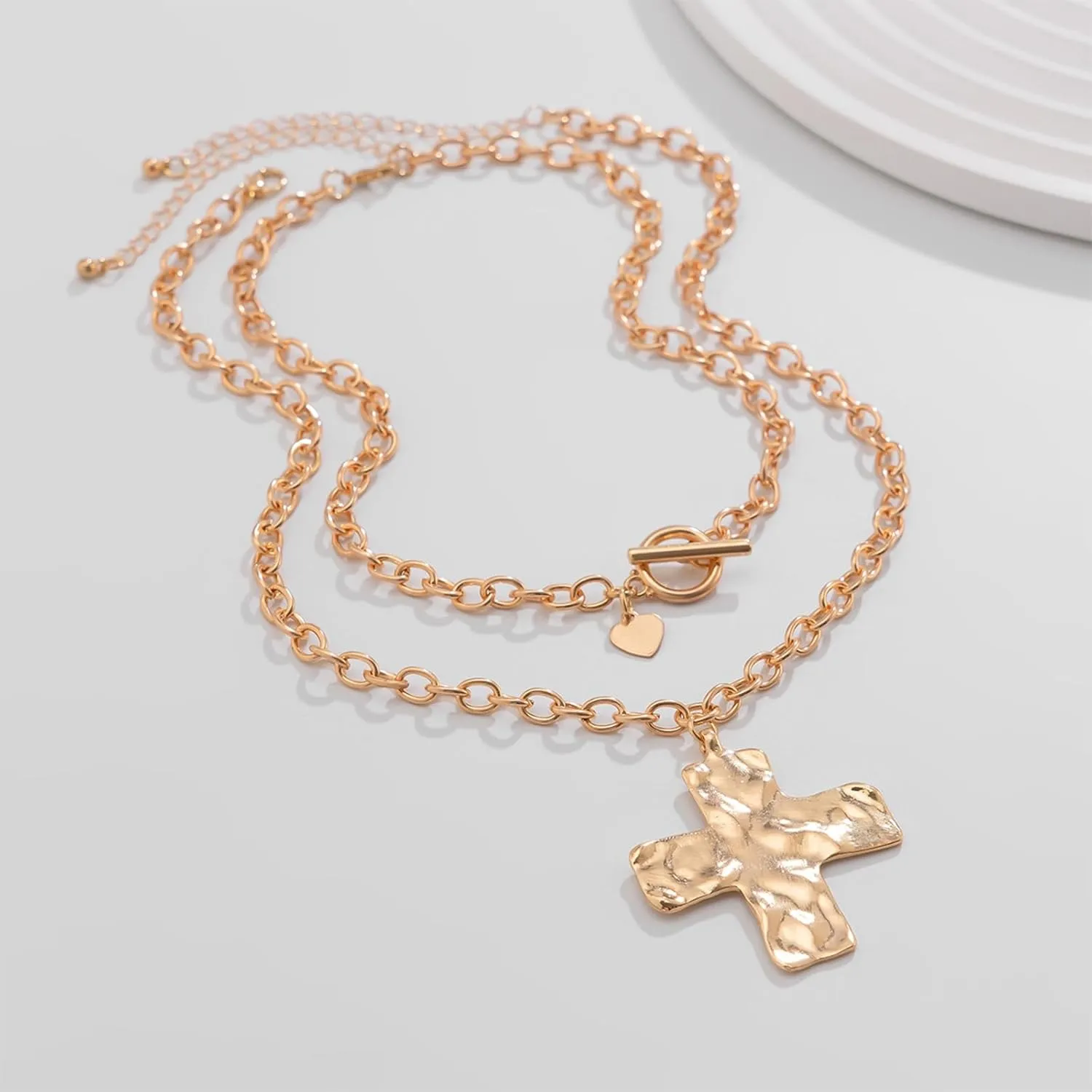 Gold Chunky Cross Necklace for Women Statement Necklace Pearl Cross Pendant Necklace Layered Hammered Bold Cross Necklace Vintage Toggle Clasp Necklace Jewelry