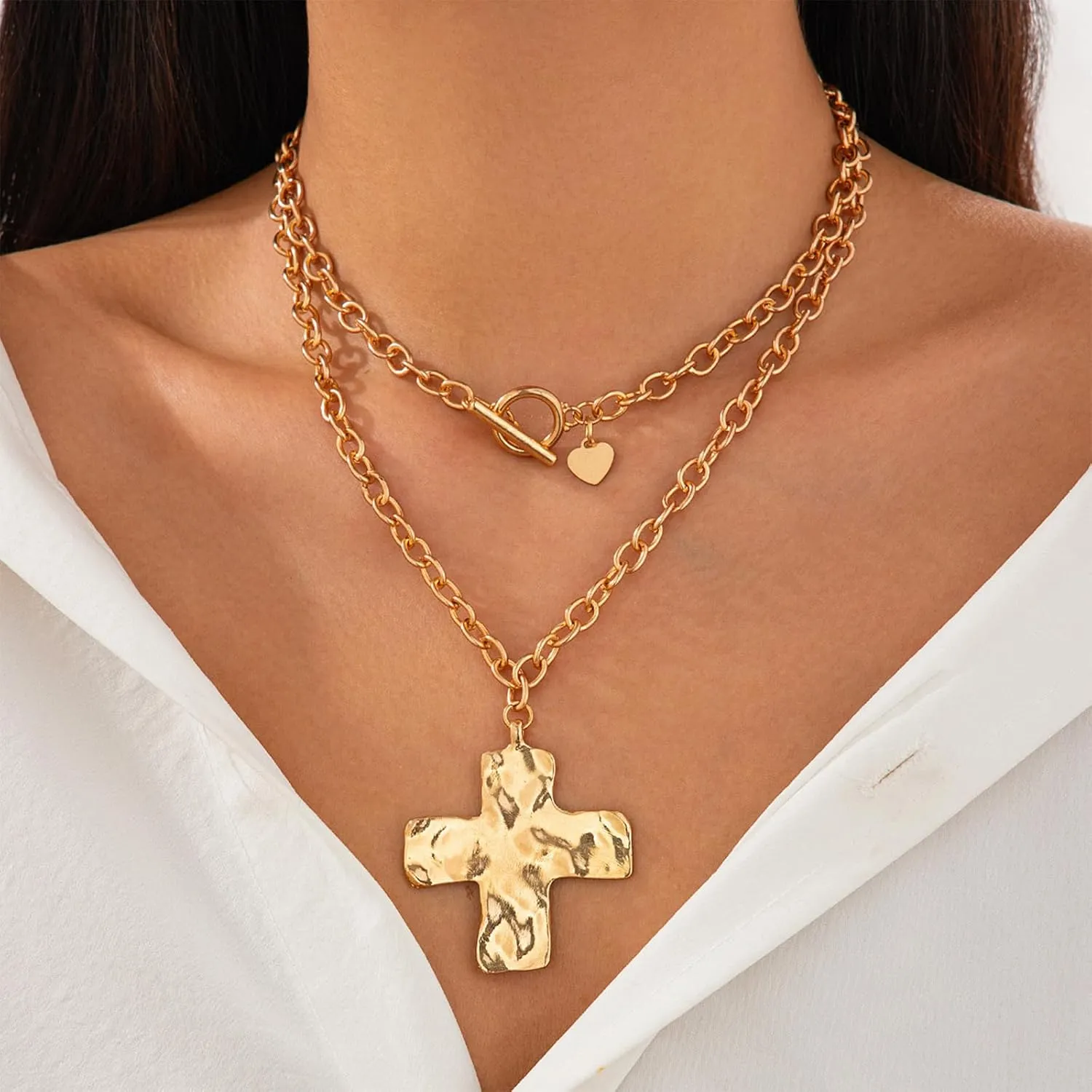 Gold Chunky Cross Necklace for Women Statement Necklace Pearl Cross Pendant Necklace Layered Hammered Bold Cross Necklace Vintage Toggle Clasp Necklace Jewelry