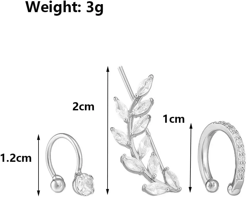 Gold Cubic Zirconia Leaf Ear Clip for Women,Charming 3Pcs Stacking Open Cuffs Earrings,Aesthetic Anniversary Jewelry Gift