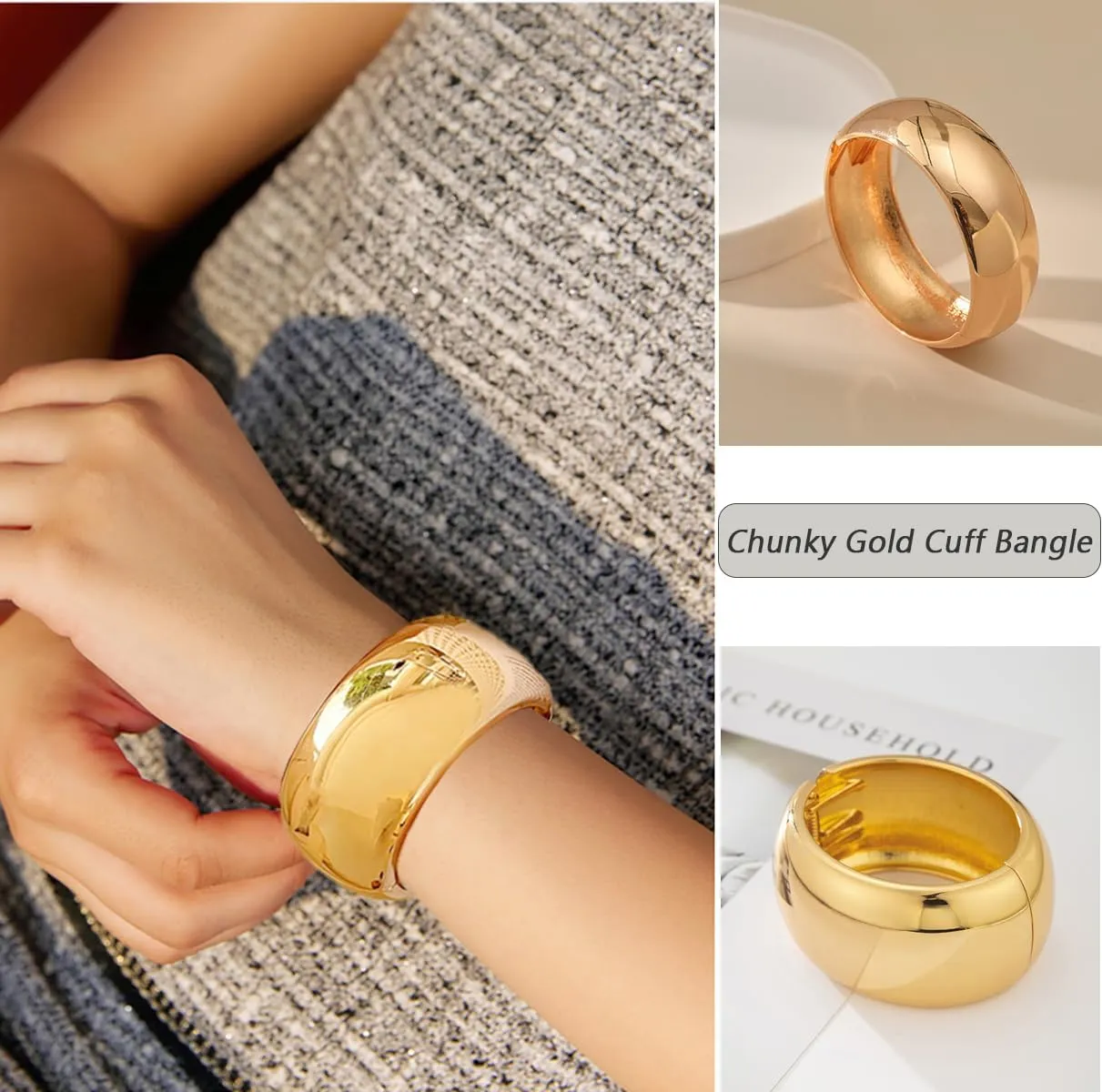 Gold Cuff Bangle Bracelets For Women Trendy Hinged Cuff Open Wide Chunky Gold Bracelet Minimalist Bangle Jewelry