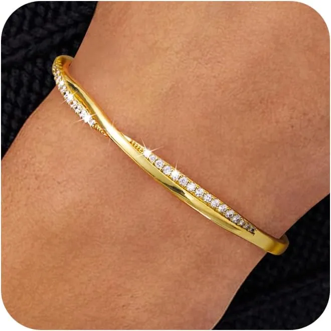 Gold Cuff Bracelets for Women Trendy, 14k Gold Plated/Silver Bangle Bracelets for Women Dainty Gold Bangles Cubic Zirconia Adjustable Wave Bracelet Fashion Jewelry Gift for Women Teen Girl