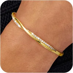 Gold Cuff Bracelets for Women Trendy, 14k Gold Plated/Silver Bangle Bracelets for Women Dainty Gold Bangles Cubic Zirconia Adjustable Wave Bracelet Fashion Jewelry Gift for Women Teen Girl