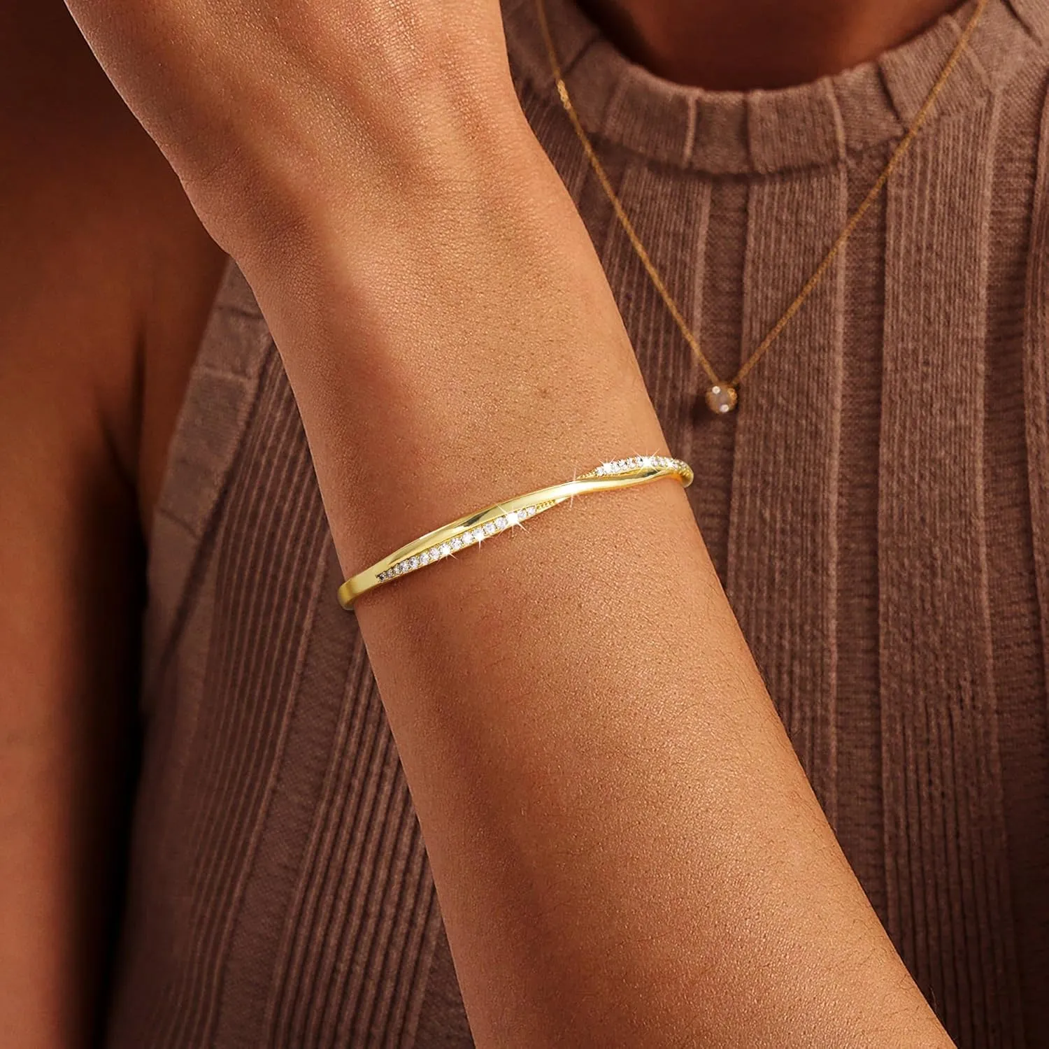 Gold Cuff Bracelets for Women Trendy, 14k Gold Plated/Silver Bangle Bracelets for Women Dainty Gold Bangles Cubic Zirconia Adjustable Wave Bracelet Fashion Jewelry Gift for Women Teen Girl
