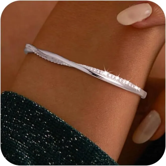 Gold Cuff Bracelets for Women Trendy, 14k Gold Plated/Silver Bangle Bracelets for Women Dainty Gold Bangles Cubic Zirconia Adjustable Wave Bracelet Fashion Jewelry Gift for Women Teen Girl