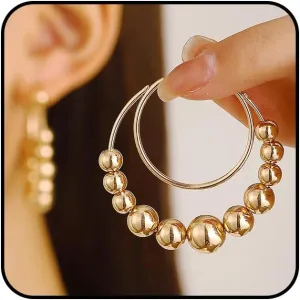 Gold Double Beaded Hoop Earrings for Women, Chunky Round Ball Statement Earrings Beads Huggie Earrings Beach Holiday Jewelry Accessories