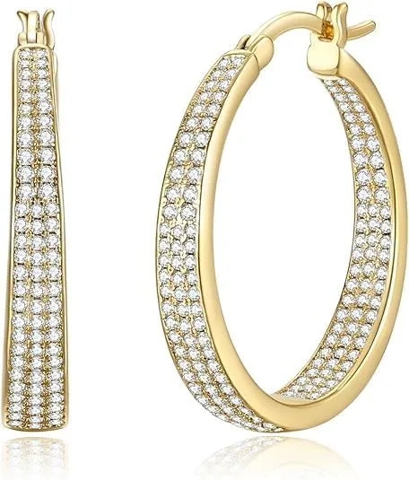 Gold Earrings 14K Gold Hoop Earrings for Women with Dual-sided Cubic Zirconia Hoop Earring for Women Sensitive Ears Hypoallergenic Womens Hoops Earring 15mm