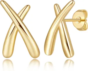 Gold Earrings for Women 14K Gold Stud Earrings Studs Unique X Geometric Design Stud Earring for Women Hypoallergenic 18mm
