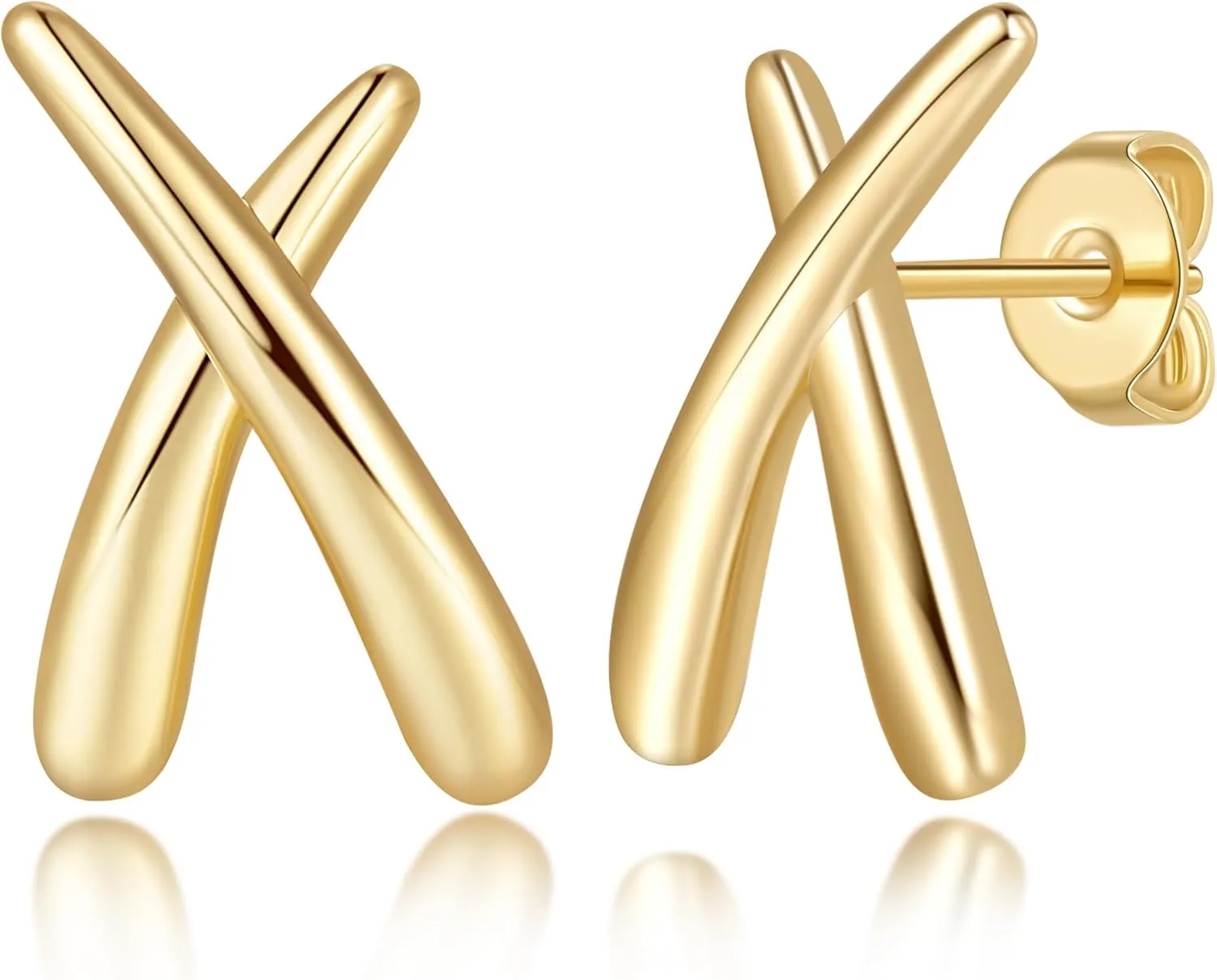 Gold Earrings for Women 14K Gold Stud Earrings Studs Unique X Geometric Design Stud Earring for Women Hypoallergenic 18mm