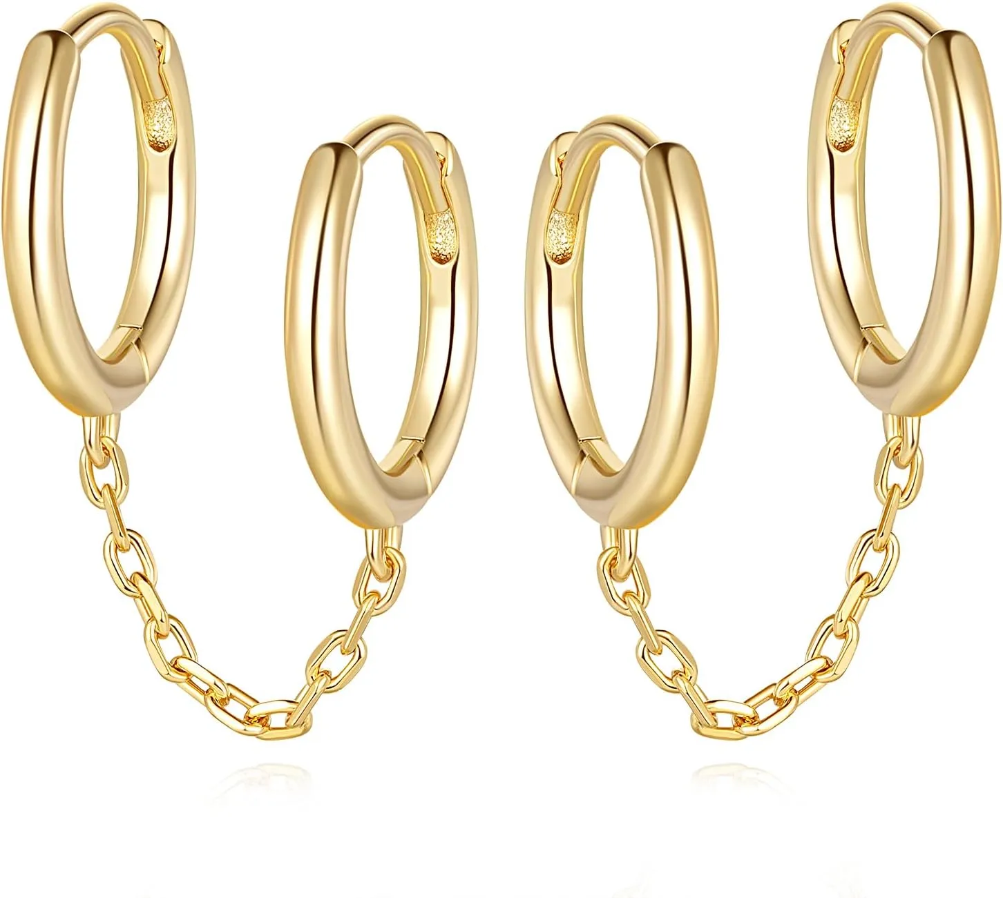 Gold Hoop Earrings for Women Double 14K Gold Hoop Earrings Double Piercings Chain Earrings Hypoallergenic Hoops Earrings for Women 13mm/16mm