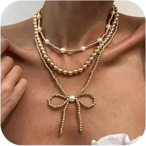 Gold Layered Bow Necklace for Women Trendy 14k Gold Plated Dainty Peal Bead Chain Choker Necklaces Fashion Cute Bowknot Pendant Jewelry Gifts