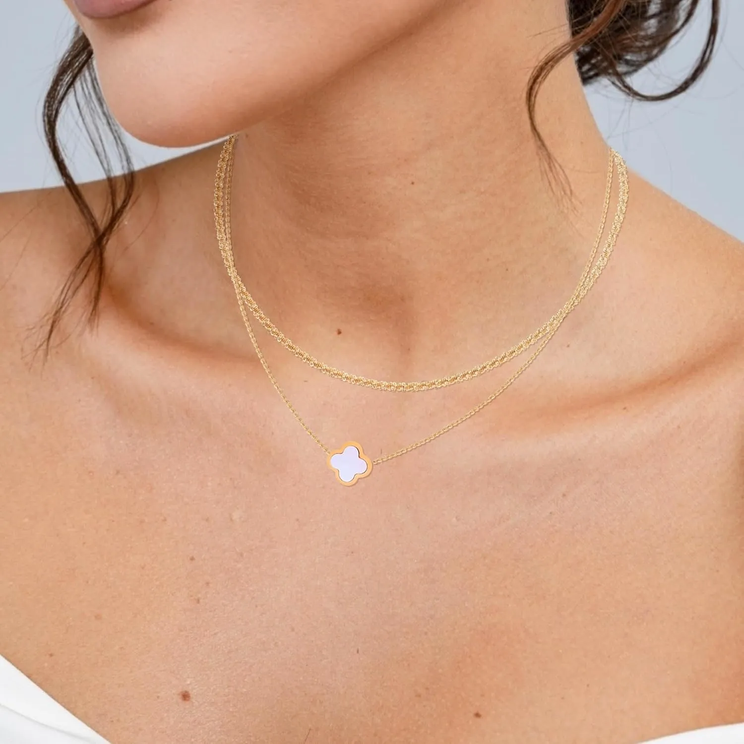 Gold Layered Necklace for Women Dainty 14K Clover Heart Butterfly Flower Small Pendant Choker Necklace, Fashion Jewelry for Women