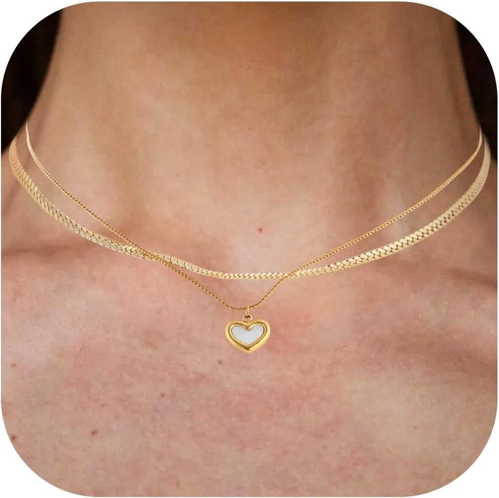 Gold Layered Necklace for Women Dainty 14K Clover Heart Butterfly Flower Small Pendant Choker Necklace, Fashion Jewelry for Women