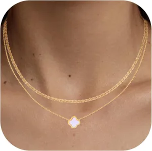 Gold Layered Necklace for Women Dainty 14K Clover Heart Butterfly Flower Small Pendant Choker Necklace, Fashion Jewelry for Women