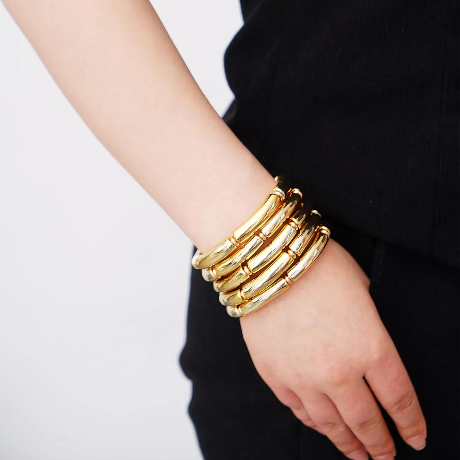 Gold Plated Beaded Acrylic Bamboo Tube Bangle Bracelets for Women, Colorful Chunky Curved Tube With Gold Pieces Beads Stretch Bracelet Friendship Summer Beach Jewelry