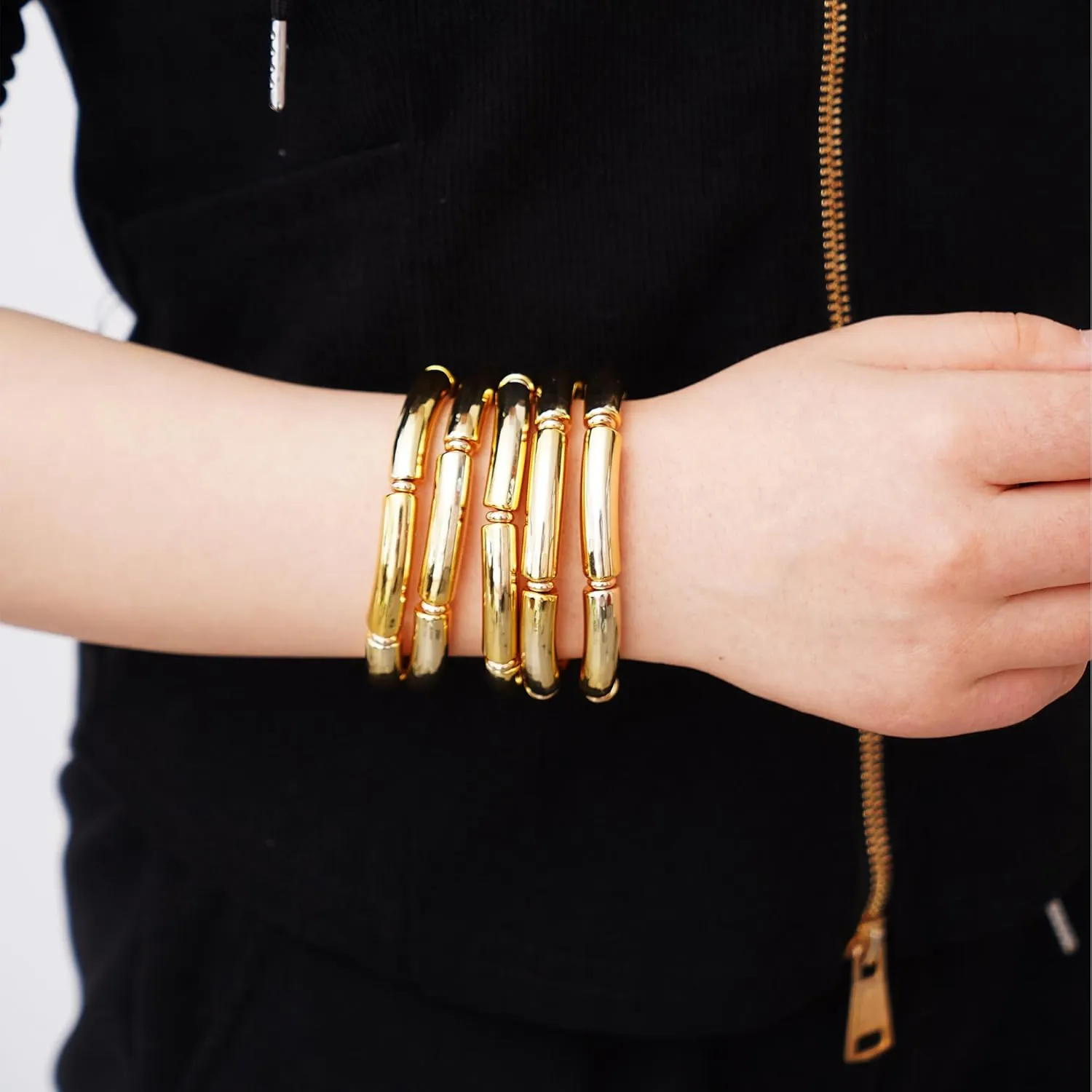 Gold Plated Beaded Acrylic Bamboo Tube Bangle Bracelets for Women, Colorful Chunky Curved Tube With Gold Pieces Beads Stretch Bracelet Friendship Summer Beach Jewelry