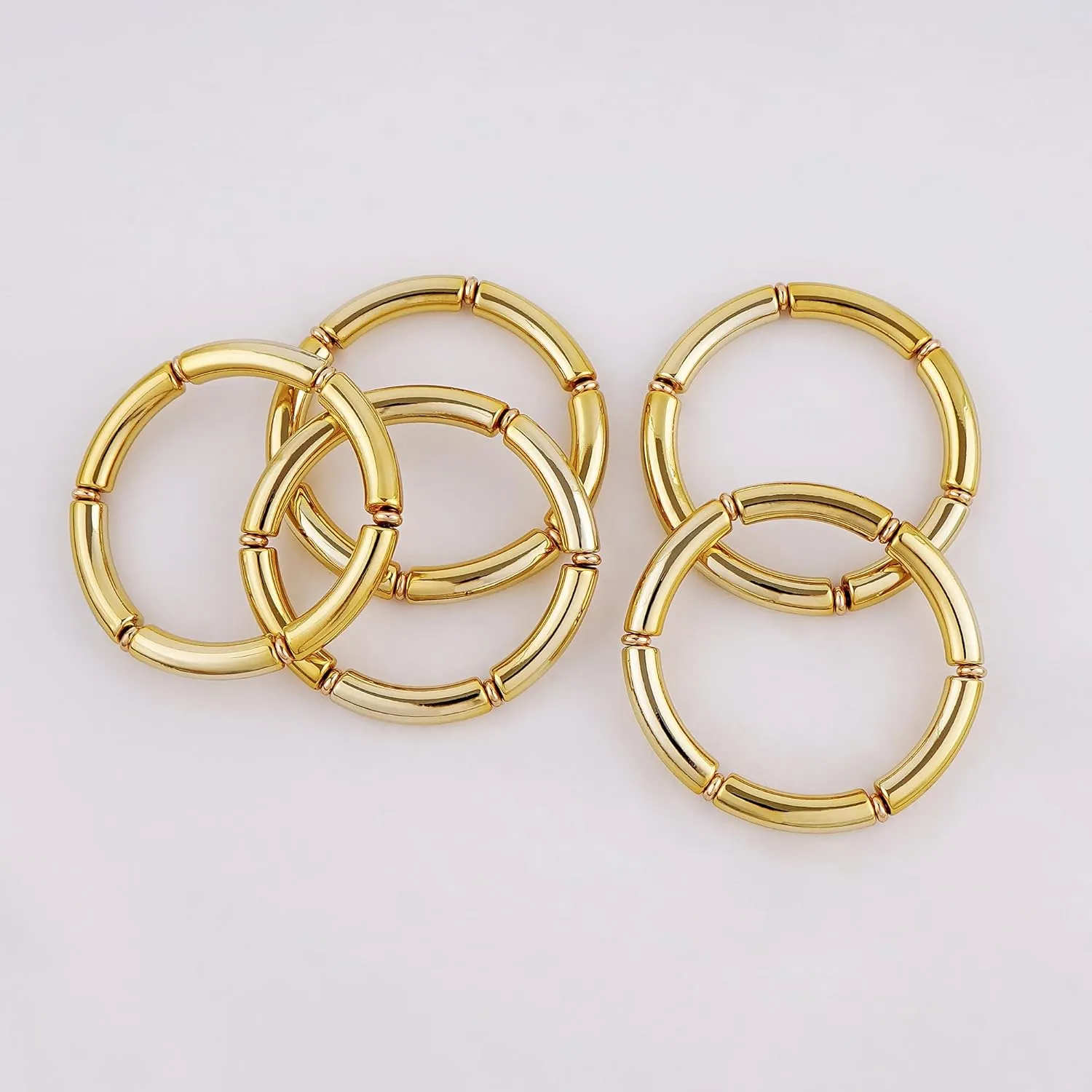 Gold Plated Beaded Acrylic Bamboo Tube Bangle Bracelets for Women, Colorful Chunky Curved Tube With Gold Pieces Beads Stretch Bracelet Friendship Summer Beach Jewelry