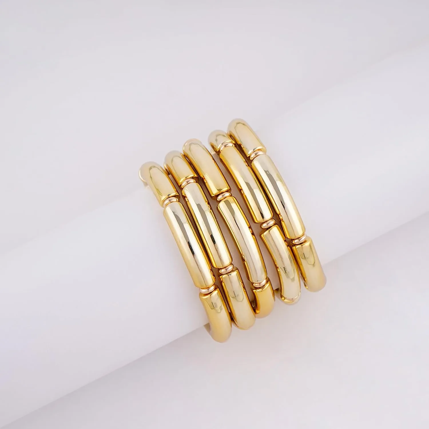 Gold Plated Beaded Acrylic Bamboo Tube Bangle Bracelets for Women, Colorful Chunky Curved Tube With Gold Pieces Beads Stretch Bracelet Friendship Summer Beach Jewelry