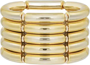 Gold Plated Beaded Acrylic Bamboo Tube Bangle Bracelets for Women, Colorful Chunky Curved Tube With Gold Pieces Beads Stretch Bracelet Friendship Summer Beach Jewelry