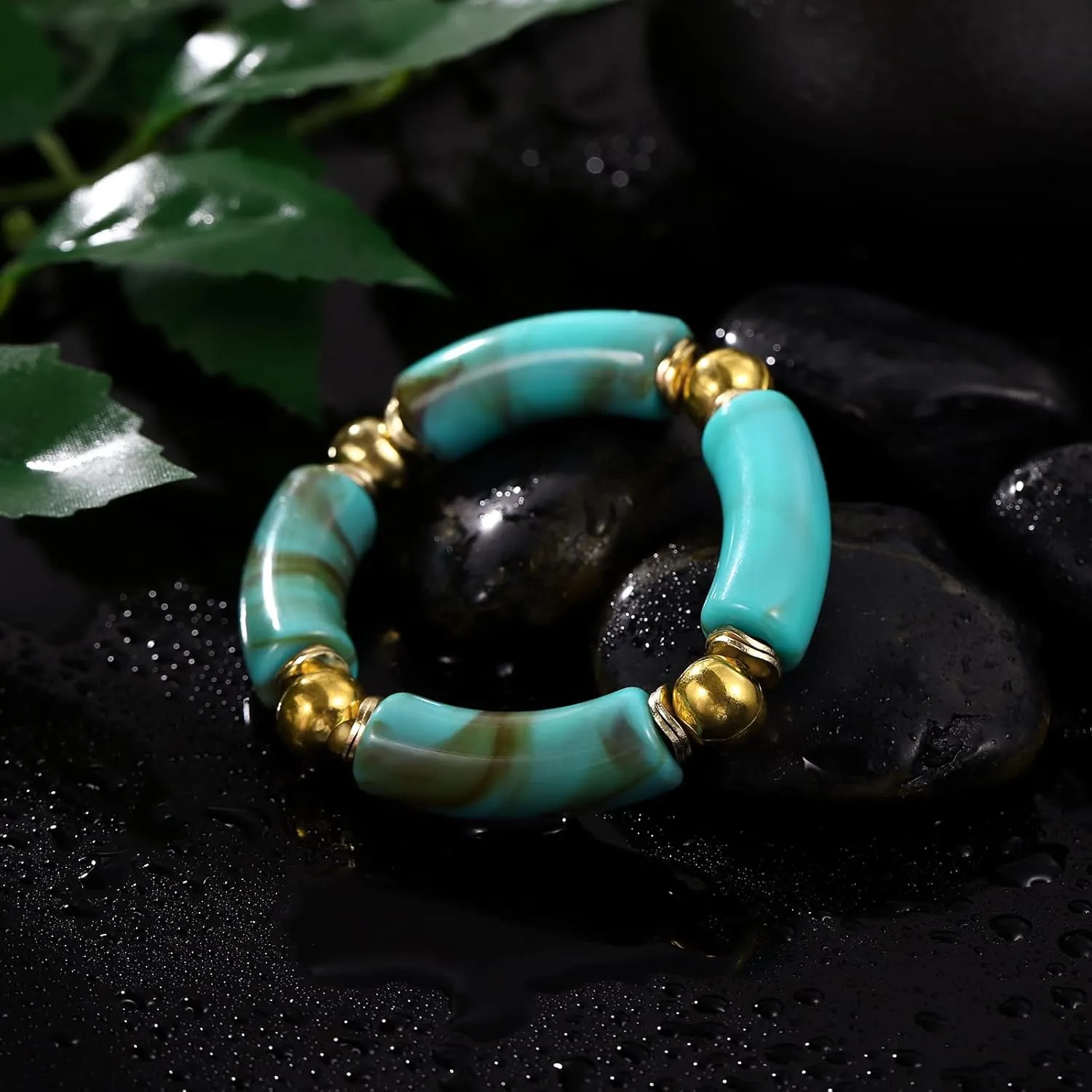 Gold Plated Beaded Bangle Bamboo Tube Bracelet Chunky Stacking Bangles Acrylic Clear Stretchable Colorful Beads Friendship Bracelets Gift For Women