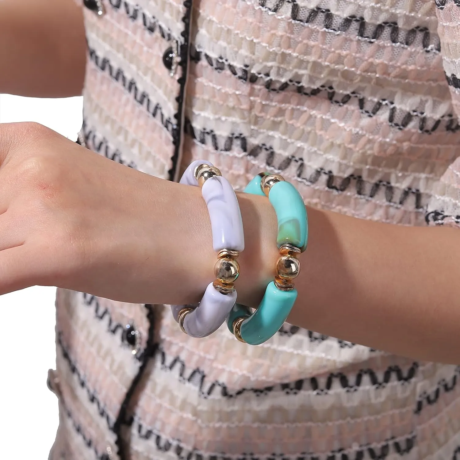 Gold Plated Beaded Bangle Bamboo Tube Bracelet Chunky Stacking Bangles Acrylic Clear Stretchable Colorful Beads Friendship Bracelets Gift For Women