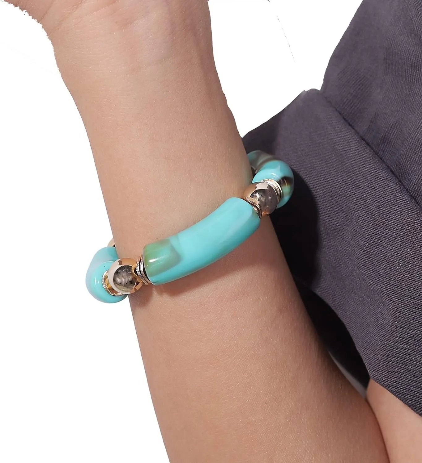 Gold Plated Beaded Bangle Bamboo Tube Bracelet Chunky Stacking Bangles Acrylic Clear Stretchable Colorful Beads Friendship Bracelets Gift For Women