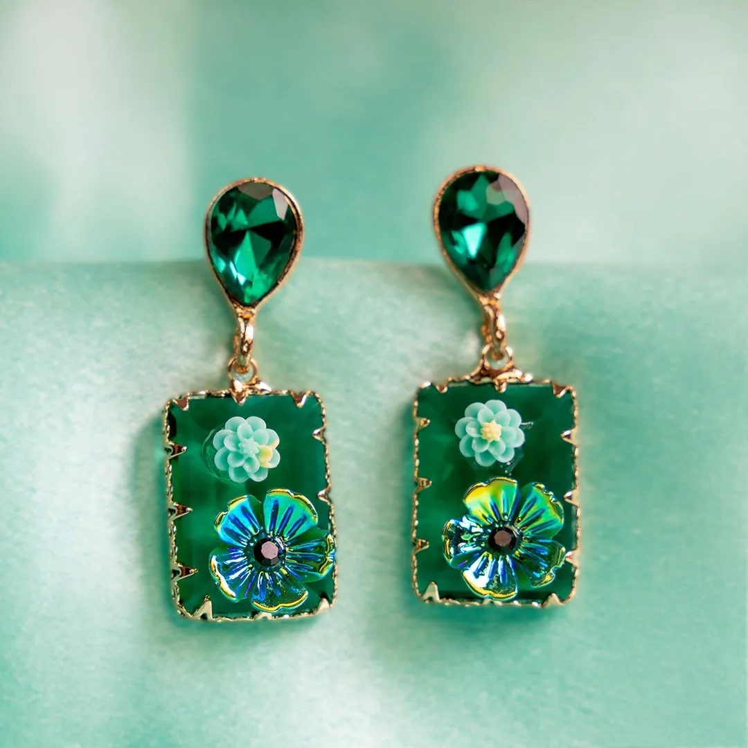 Gold Plated Green Rhinestone Flower Earring